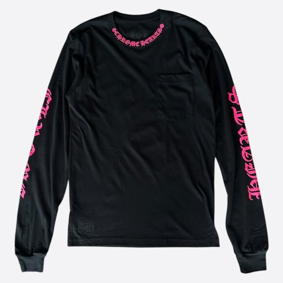 Chrome Hearts Black & Pink Neck Logo Longsleeve T-Shirt - Picture 1 of 7